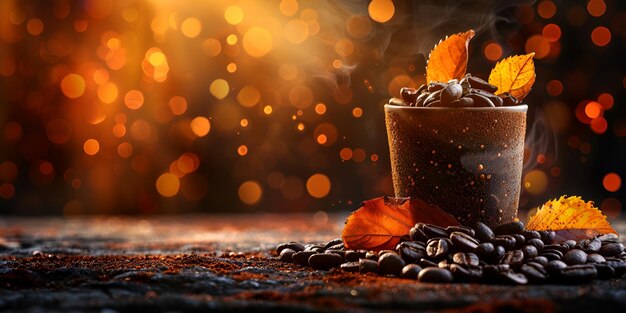 Une tasse de café avec un fond sombre et des grains de café sur la table