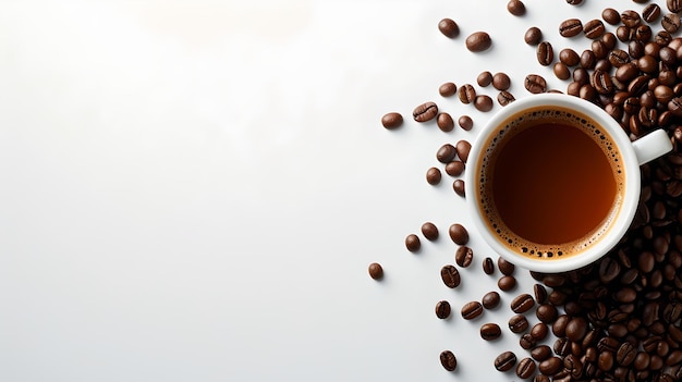 Une tasse de café fraîchement brassé entourée de haricots torréfiés simple et élégant idéal pour le menu ou la publicité boisson quotidienne essentielle IA