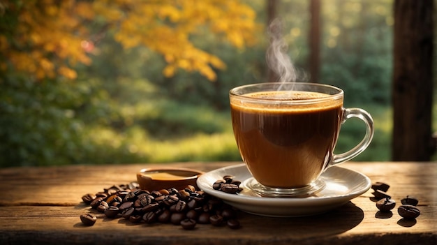 Une tasse de café fraîchement brassé est posée sur une table en bois rustique.