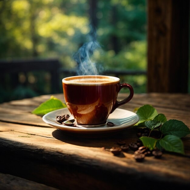 Une tasse de café fraîchement brassé est posée sur une table en bois rustique.