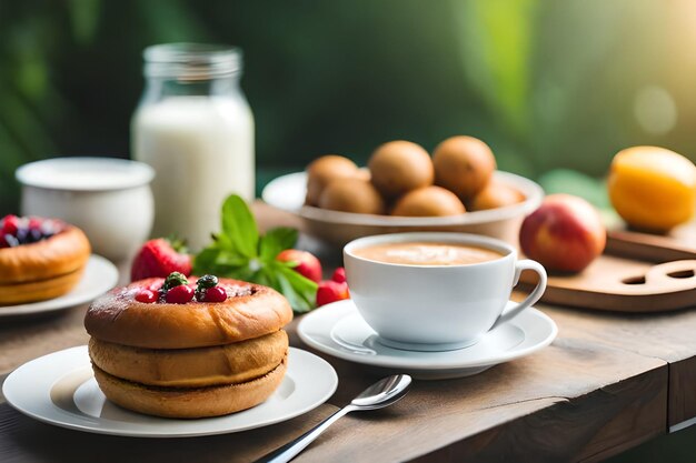 Une tasse de café avec une fraise et du lait sur la table