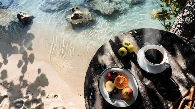 Une tasse de café avec des fruits sur la plage le matin Illustrations génératives d'IA