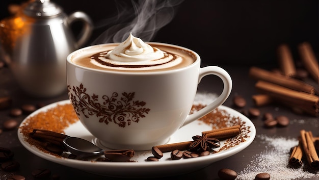 Une tasse de café fumant fraîchement moulu avec un tourbillon de crème et une pincée de cannelle