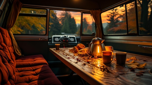 Une tasse de café fumante dans un fourgon, un camping-car, une vie lente.