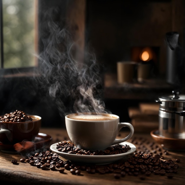 Tasse de café fumante avec des grains de café