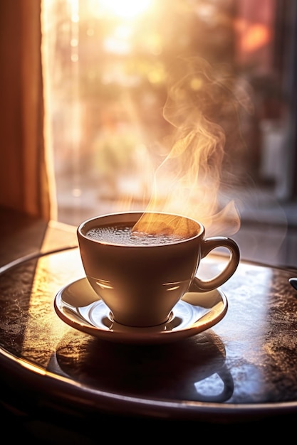 Tasse de café fumante avec la lumière du soleil du matin créée avec une IA générative