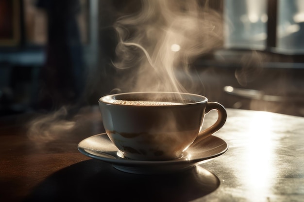 Une tasse de café fumante sur une table Chaleureuse réconfortante et énergisante Parfait pour les amateurs de café et les accros à la caféine Ai générative