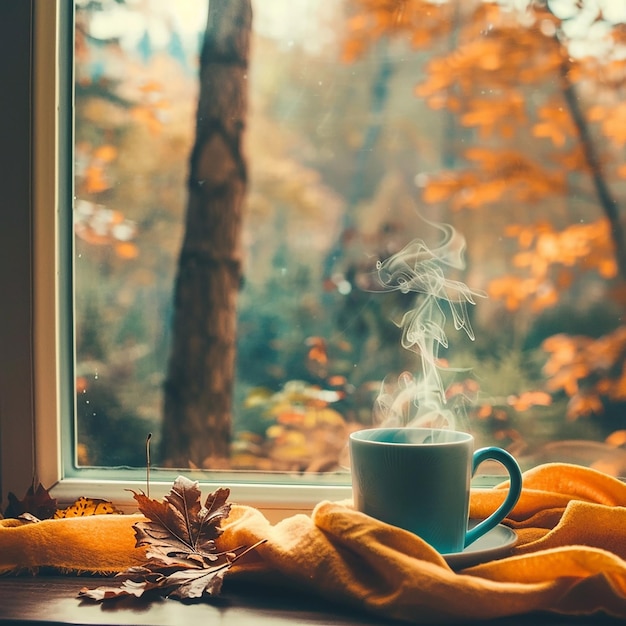 Photo tasse de café avec de la fumée à côté de la fenêtre surplombant les arbres d'automne bannière verticale avec espace de copie pour in