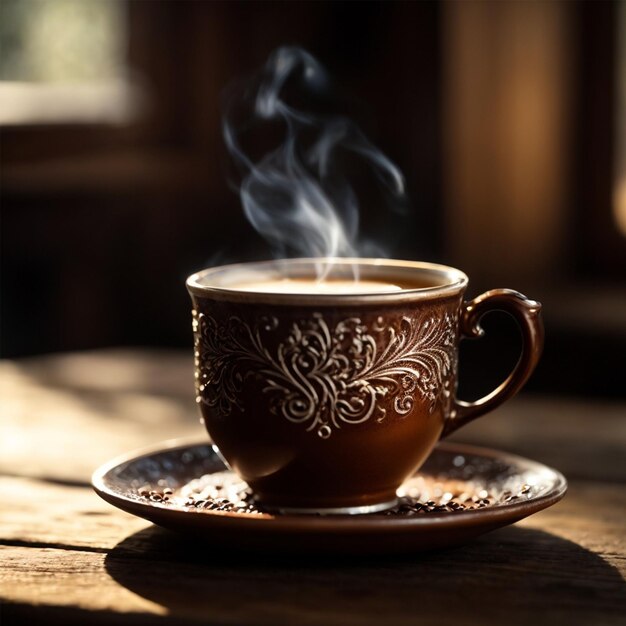 Une tasse de café avec de la fumée sur une table en bois à la lumière du soleil