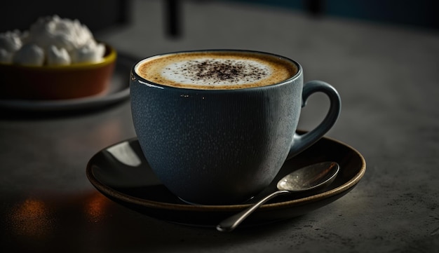 Une tasse de café avec un gâteau au chocolat sur la table.