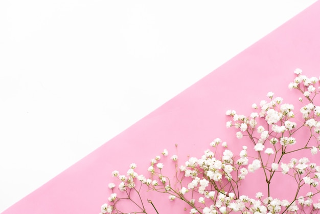 Tasse de café, gâteau macaron, boîte de cadeau ou cadeau et fleur du matin sur la table rose