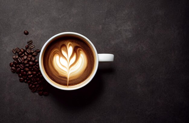 Tasse de café avec grain de café torréfié sur fond sombre