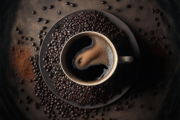 Une tasse de café avec des grains sur une assiette