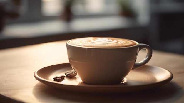 Une tasse de café avec des grains de café sur une assiette