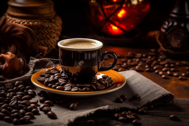 Tasse de café avec grains de café dans un sac en toile de jute et poudre de café dans une cuillère en bois avec café flou