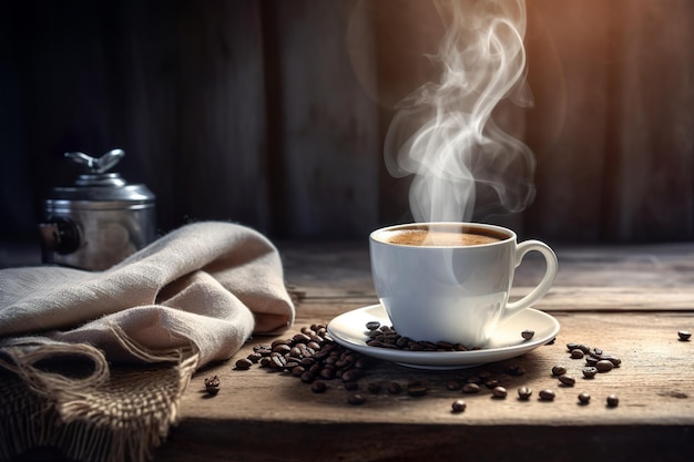 Tasse à café et grains de café sur fond de bois Generative Ai