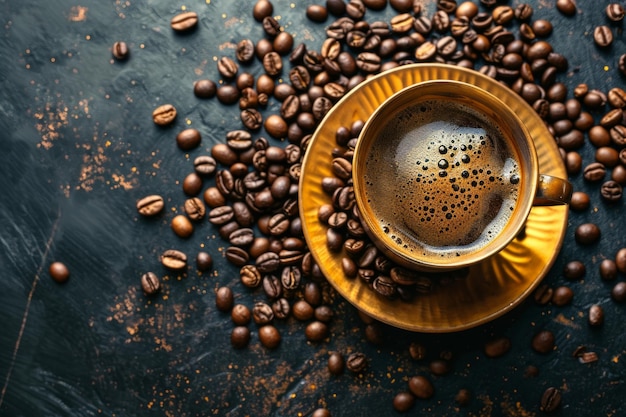 Une tasse de café et des grains de café sur un fond noir or