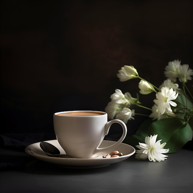 Tasse de café et grains de café sur fond sombre avec espace de copie généré par l'IA