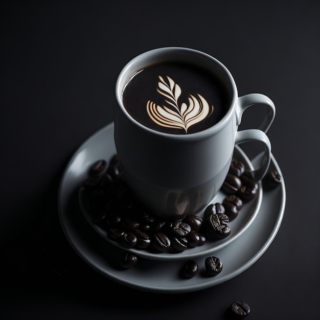 Une tasse de café avec des grains de café sur un fond sombre de table