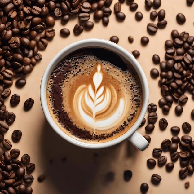 Une tasse de café et des grains de café à plat