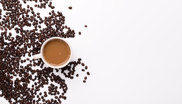 Tasse à café, grains de café, scène de fond blanc