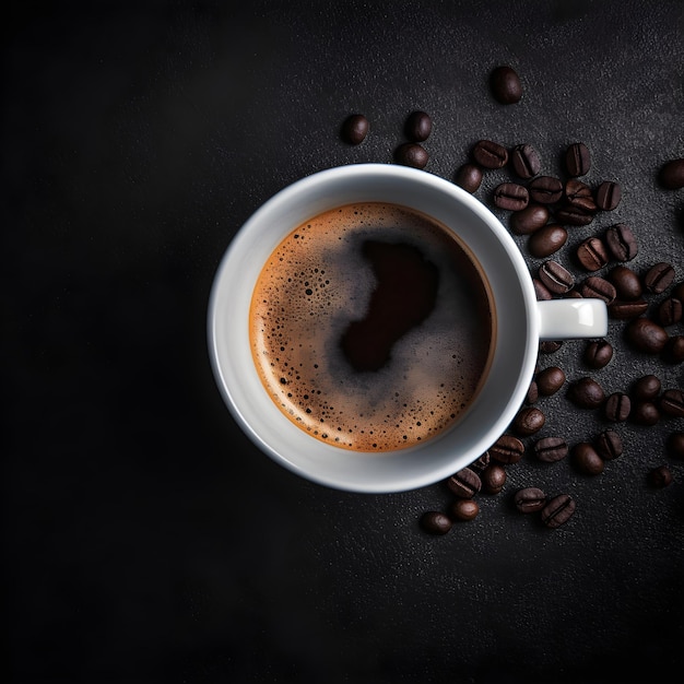 Une tasse de café avec des grains de café sur une surface noire