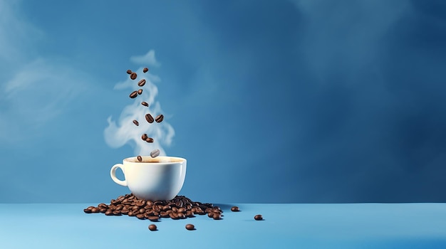 Une tasse de café avec des grains de café suspendus au-dessus créant une composition captivante et hypnotisante