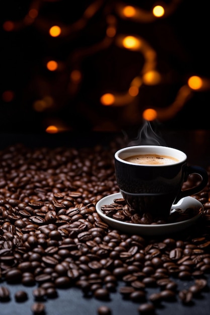 Tasse à café avec des grains de café sur une table basse sombre