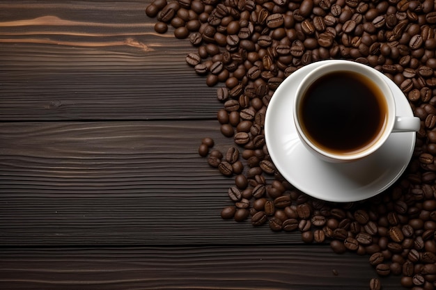 Une tasse de café avec des grains de café sur une table en bois