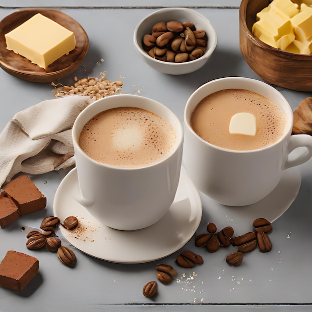 Photo une tasse de café et des grains de café sur une table