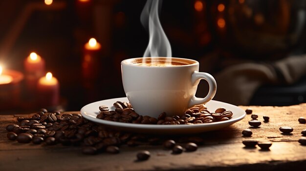 Une tasse de café avec des grains de café sur une table