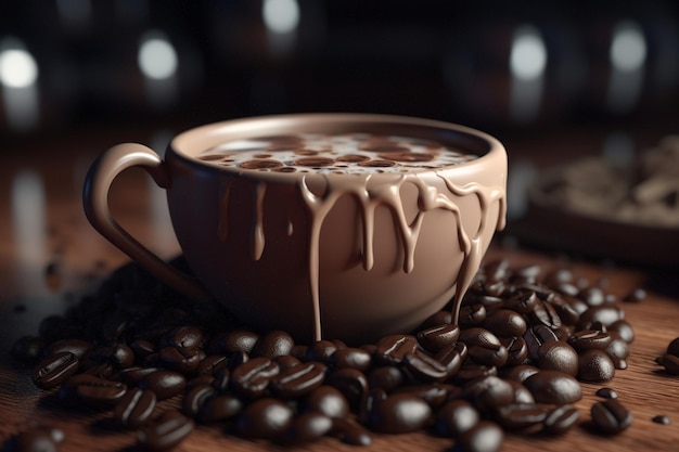 Une tasse de café avec des grains de café sur la table