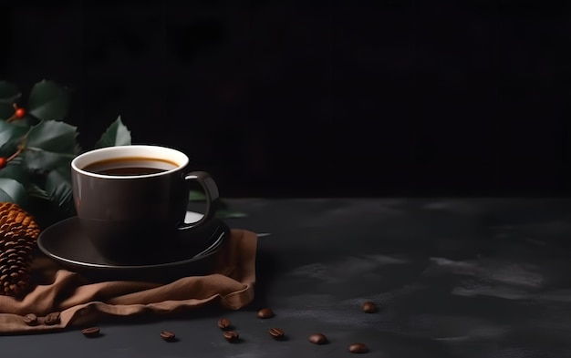 Une tasse de café avec des grains de café sur un tableau noir.