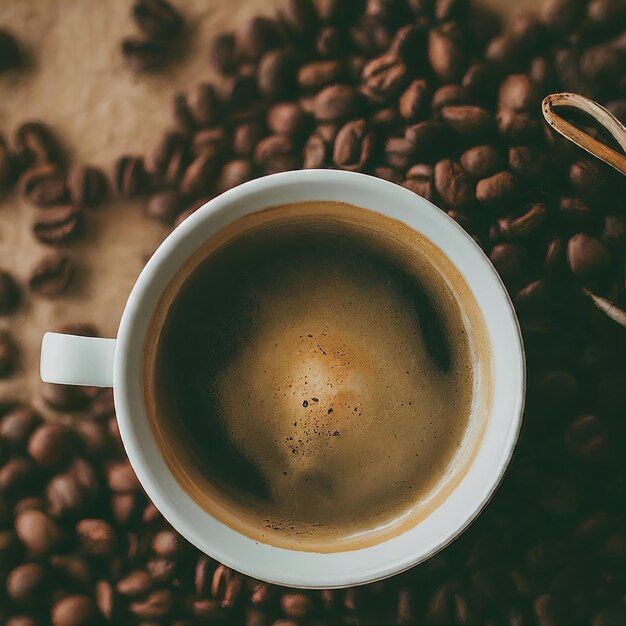 une tasse de café et des grains de café