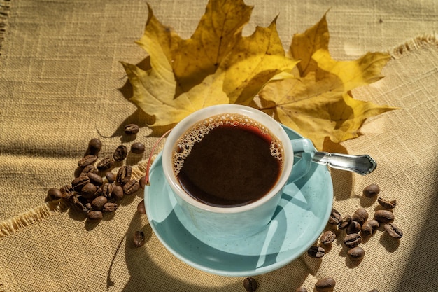 Tasse de café en grains et feuilles jaunes illuminées par la lumière du soleil