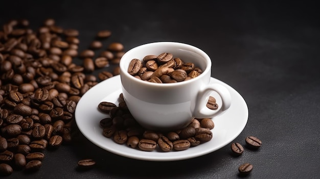 Une tasse de café avec des grains sur la table