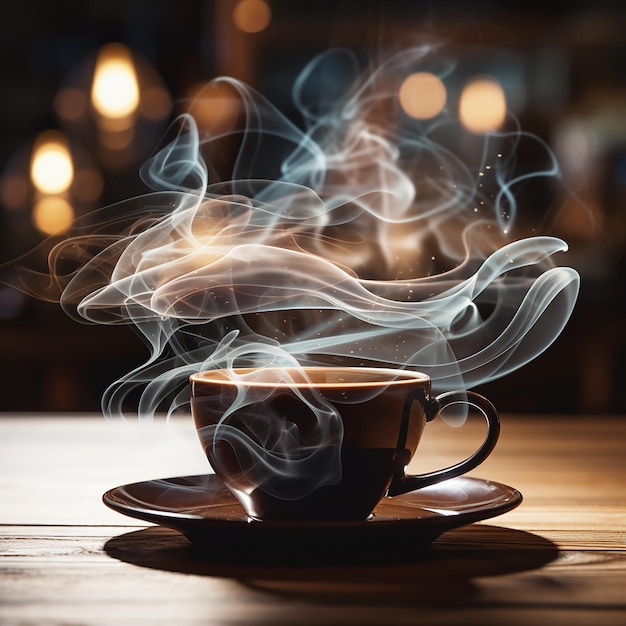 Une tasse de café en gros plan sur une table en bois avec de la vapeur montante