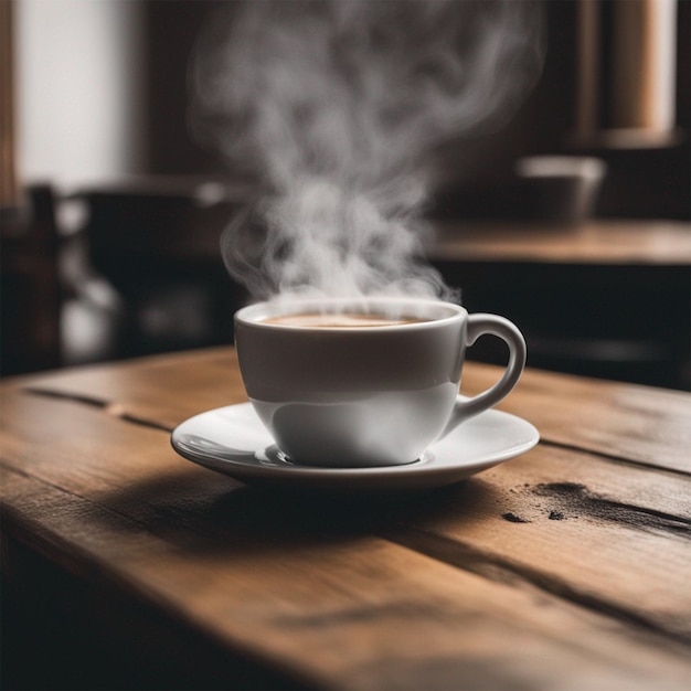 Une tasse de café en gros plan sur une table en bois à la vapeur