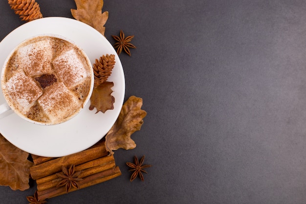 Tasse de café avec guimauves et cacao, feuilles, oranges séchées, cannelle et anis étoilé, fond de pierre grise. Savoureuse boisson chaude de l'automne. fond