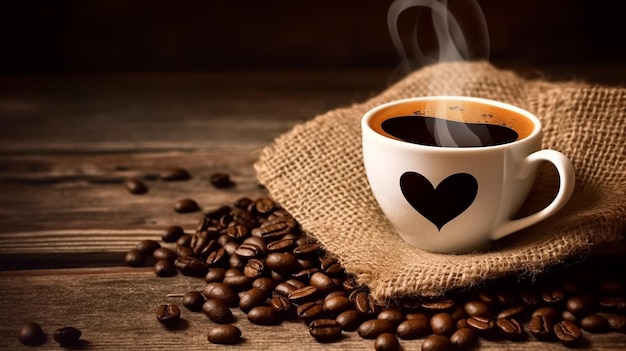 Une tasse de café avec des haricots sur une table en bois.