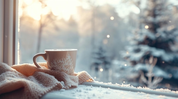 Photo une tasse de café d'hiver sur un rebord de fenêtre près des arbres