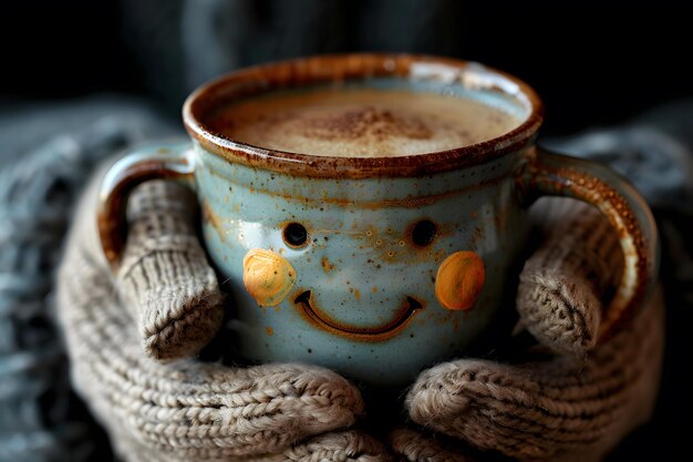 Une tasse de café avec une IA générative de visages souriants