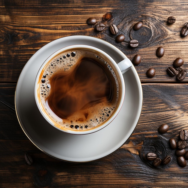 Une tasse de café isolée sur une table en bois