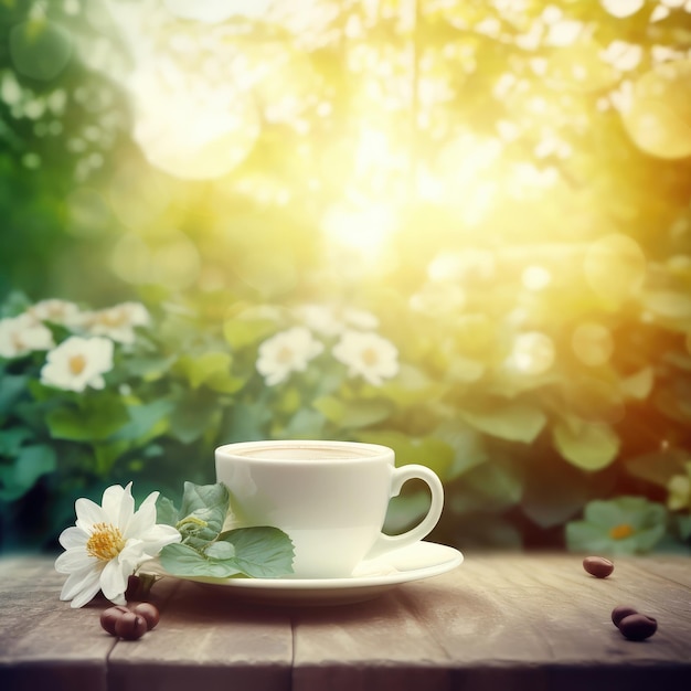 Tasse de café avec jardin et fond de fleurs