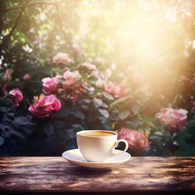 Tasse de café avec jardin et fond de fleurs