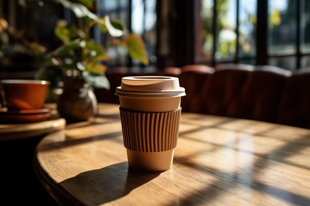 Une tasse de café jetable en carton brun sur une table dans un café sur un gros plan du matin ensoleillé