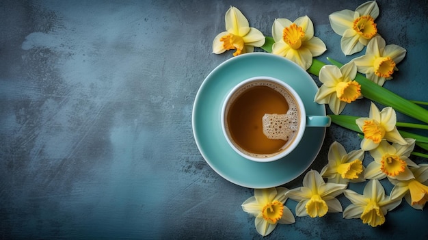 Une tasse de café avec des jonquilles jaunes sur une plaque bleue.