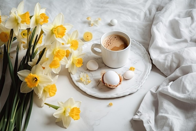 Tasse de café et de jonquilles jaunes sur une table en bois