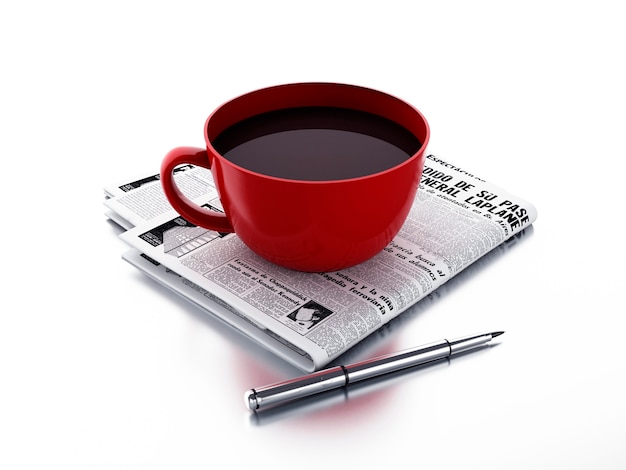 Tasse à café avec journal sur fond isolé blanc. Concept de nouvelles du matin