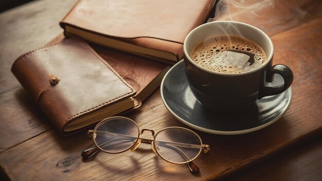 Photo une tasse de café avec un journal et des lunettes sur fond de bois